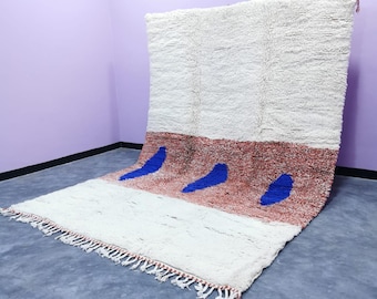 Alfombra marroquí de lana hecha a mano – Crema, óxido, azul. Alfombra bereber.