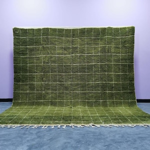 May include: A large, olive green rug with a grid pattern of white lines. The rug has a shaggy texture and a fringe along the bottom edge. The rug is displayed against a purple wall and blue floor.