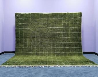 Handmade Army Green Moroccan Wool Rug – Berber Grid Carpet, Custom Size