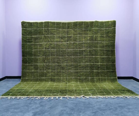 Handmade Army Green Moroccan Wool Rug – Berber Grid Carpet, Custom Size