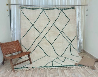 White and Green Berber Rug, Hand Knotted Moroccan Wool Rug