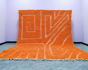 Alfombra marroquí de lana hecha a mano: moderna alfombra bereber abstracta naranja, tamaño personalizado, diseño geométrico minimalista, envío gratuito.