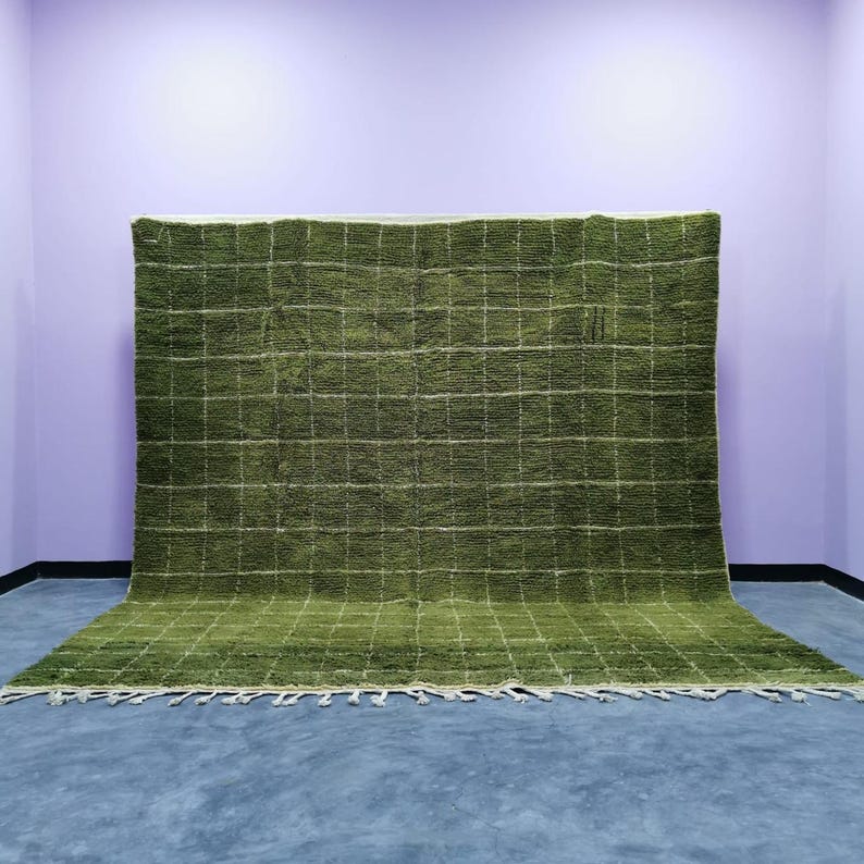 May include: A large, olive green rug with a grid pattern of white lines. The rug has a thick, textured pile and a fringe along the bottom edge. The rug is displayed against a purple wall and a gray floor.