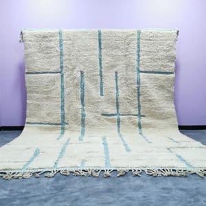 Modern Moroccan Beni Ourain Rug –Handmade Wool Berber Carpet with Sky Blue Minimalist Geometric Design –Custom Size Available –Free Shipping
