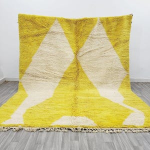 Yellow Moroccan Rug - Handmade Wool Berber Carpet - Geometric Beni Ourain Area Rug - Custom Size Shag Moroccan Wool Rug