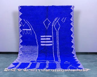 Handwoven Moroccan Wool Rug, Bold Blue White Abstract Design