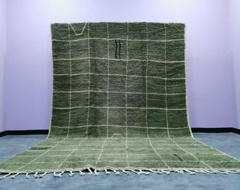 Handmade Olive Green Wool Rug – Moroccan Berber Beni Ourain Grid Carpet