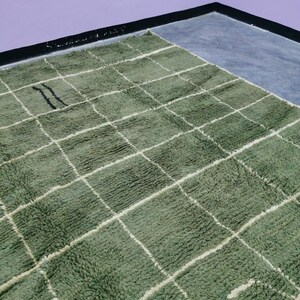 May include: A green and white checkered rug with a plush, textured surface. The rug features a grid pattern of white lines against a green background. The rug is rectangular and appears to be made of a soft material.