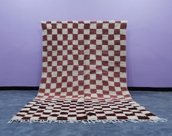 Checkerboard Moroccan Rug | Pink Brown Wool Rug | Handmade Berber Area Rug | Custom Checkered Rug | Boho Living Room Carpet