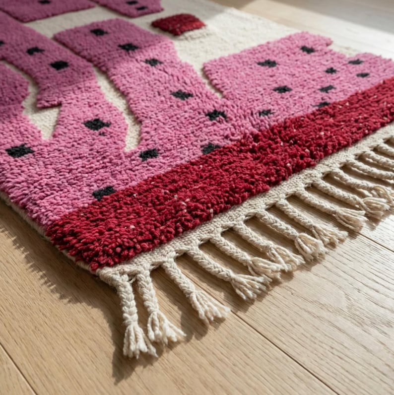 K&ouml;nnte beinhalten: Ein rechteckiger Teppich mit geometrischem Design. Der Teppich hat einen hellbeigen Hintergrund mit rosa und roten Formen, akzentuiert mit schwarzen Punkten. Der untere Rand hat cremefarbene Fransen.