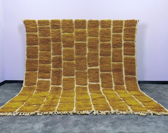 Handwoven Wool Checkered Berber Rug, Mustard Yellow Bohemian Area Rug, Custom Size