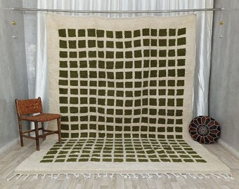 Checkered Area Rug, White and Green Rug, Custom Moroccan Rug, Berber Rug Green, Checkerboard Rug For Bedroom, Chess Design Carpet