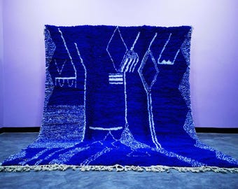 Alfombra bereber de lana hecha a mano – Alfombra marroquí azul, diseño abstracto