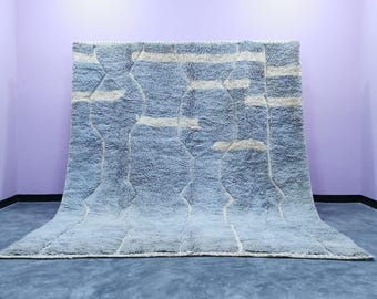 Handmade Light Blue Wool Rug – Modern Berber Design, Custom Size
