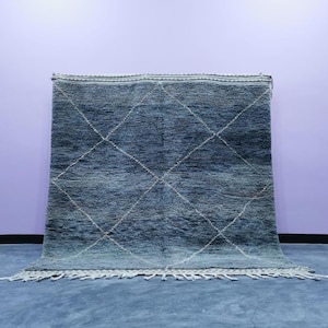 Handmade Moroccan Wool Rug – Blue and Grey Beni Ourain Style Carpet – Geometric Diamond Pattern – Authentic Berber Decor