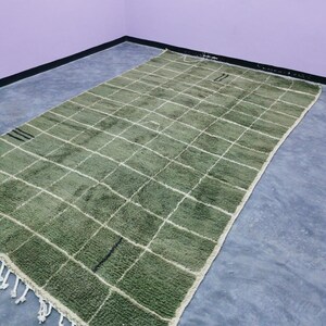 May include: A rectangular, olive green rug with a grid pattern of white lines. The rug has a shaggy texture and a fringe along the bottom edge. The rug is placed on a gray surface.