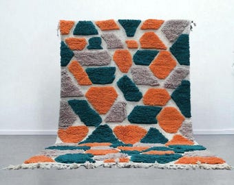 Handmade Wool Berber Rug – Teal Orange Geometric, Bohemian Decor