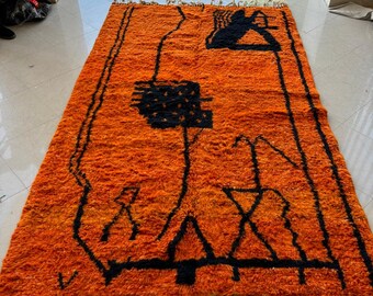 Handmade Orange and Black Wool Rug – Abstract Berber Beni Ourain Style