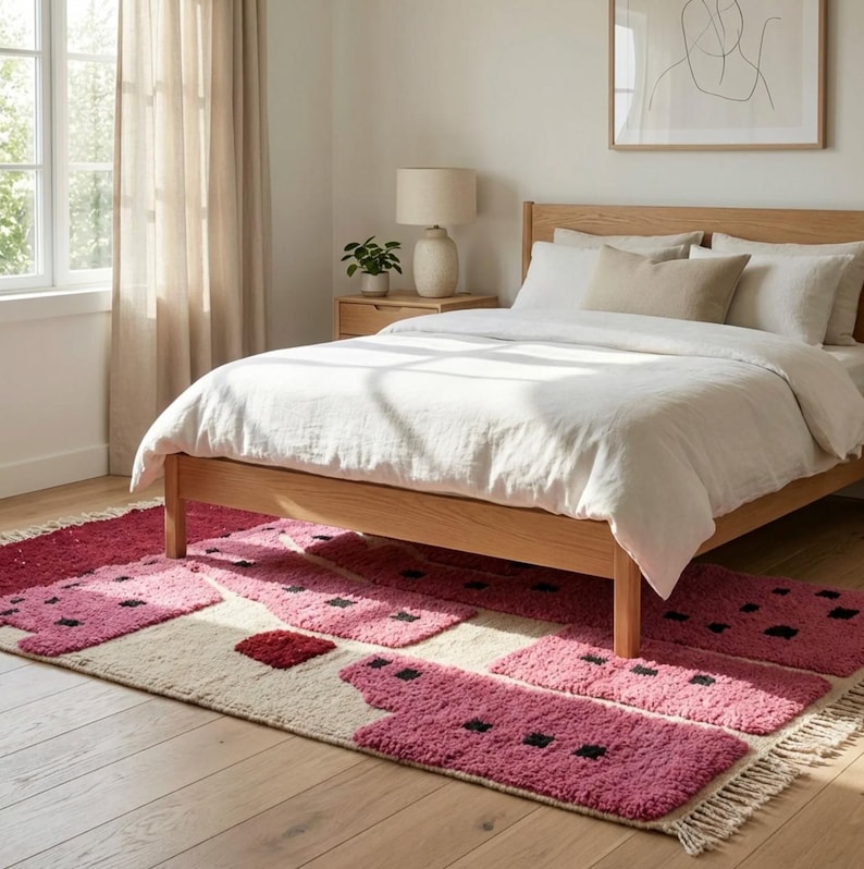 K&ouml;nnte beinhalten: Ein Schlafzimmer mit einem Holzbett und wei&szlig;er Bettw&auml;sche, erg&auml;nzt durch einen gemusterten Teppich. Der Teppich hat ein rosa-cremefarbenes Design mit schwarzen quadratischen Details. Ein Nachttisch aus Holz mit einer Lampe und gerahmter Kunst vervollst&auml;ndigen die Raumdekoration.