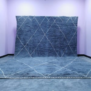 Blue Moroccan Beni Ourain Rug – Handmade Wool Berber Carpet with White Diamond Pattern – Authentic Moroccan Area Rug