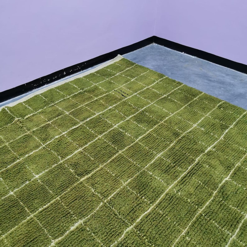 May include: A green rug with a grid pattern of white lines. The rug has a textured surface and is made of a soft material. The rug is rectangular and appears to be handmade. The rug is placed on a gray surface.