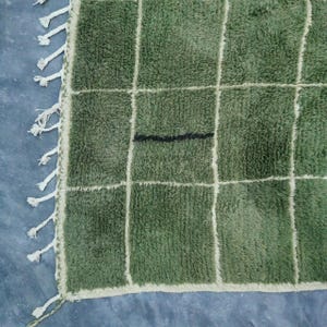 May include: A green, textured rug with a grid pattern of white lines. The rug has a fringe of white tassels along one edge and a black line in the center. The rug is a square shape.