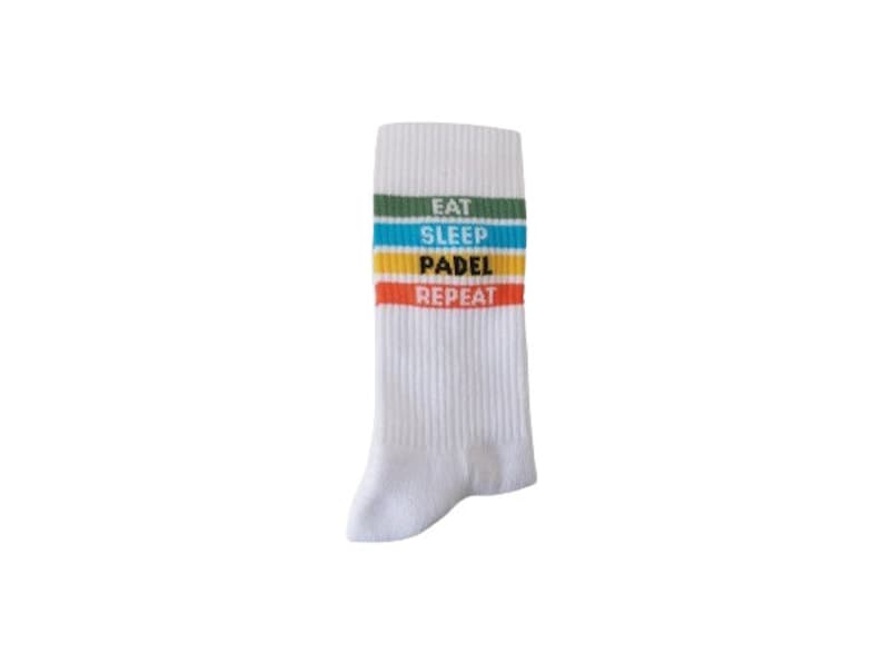 May include: White socks with colorful stripes and the text "Eat Sleep Padel Repeat" printed on them.