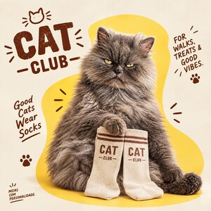 Pode incluir: Um par de meias cor de creme com riscas castanhas e o texto CAT CLUB impresso. Um gato cinzento e felpudo está sentado atrás das meias. A imagem inclui o texto CAT CLUB, Good Cats Wear Socks e FOR WALKS, TREATS & GOOD VIBES.
