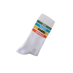 May include: White socks with colorful stripes and the text "Eat Sleep Padel Repeat" printed on them.