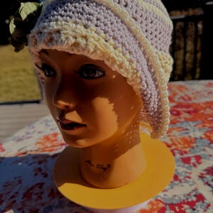 Cotton cloche style hat - flower series - Silver/light lavender with off white stripes. 2026-SC-49. Removable clip on flower.