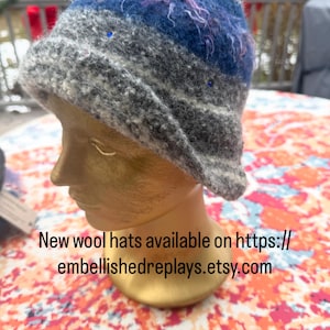 100% Wool felted cloche style/ bucket hat with embellishments - gray with blue stripes. -at Java Dancer in Richfield’Really Cool Gifts