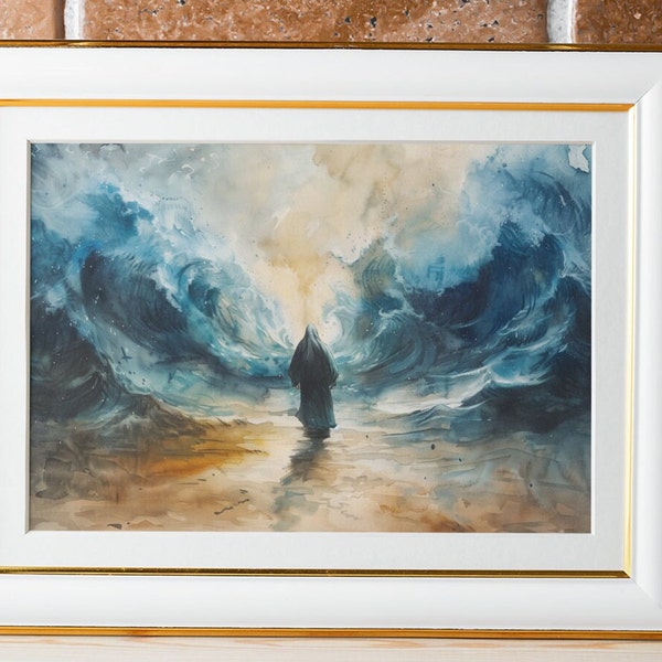 Handcrafted Water Color Art of Moses Parting the Red Sea - Non traditional church art - digital download