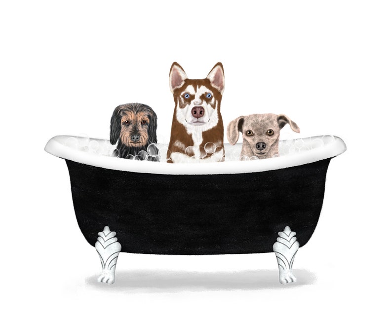 Portrait of your Animal Family in the Tub! Personalized Cats & Dogs or any animal in a Bathtub. Pastel Version. Artist Rachel Baum 