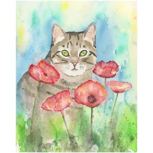 Tabby Cat in field of poppies flowers. Giclee Print Reproduction of my original watercolor painting. Animal wall decor. By Rachel Baum.