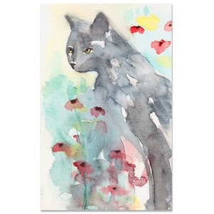 Gray or White (you choose) Cat in field of poppies flowers. Giclee Print of my original watercolor painting.  By Rachel Baum.