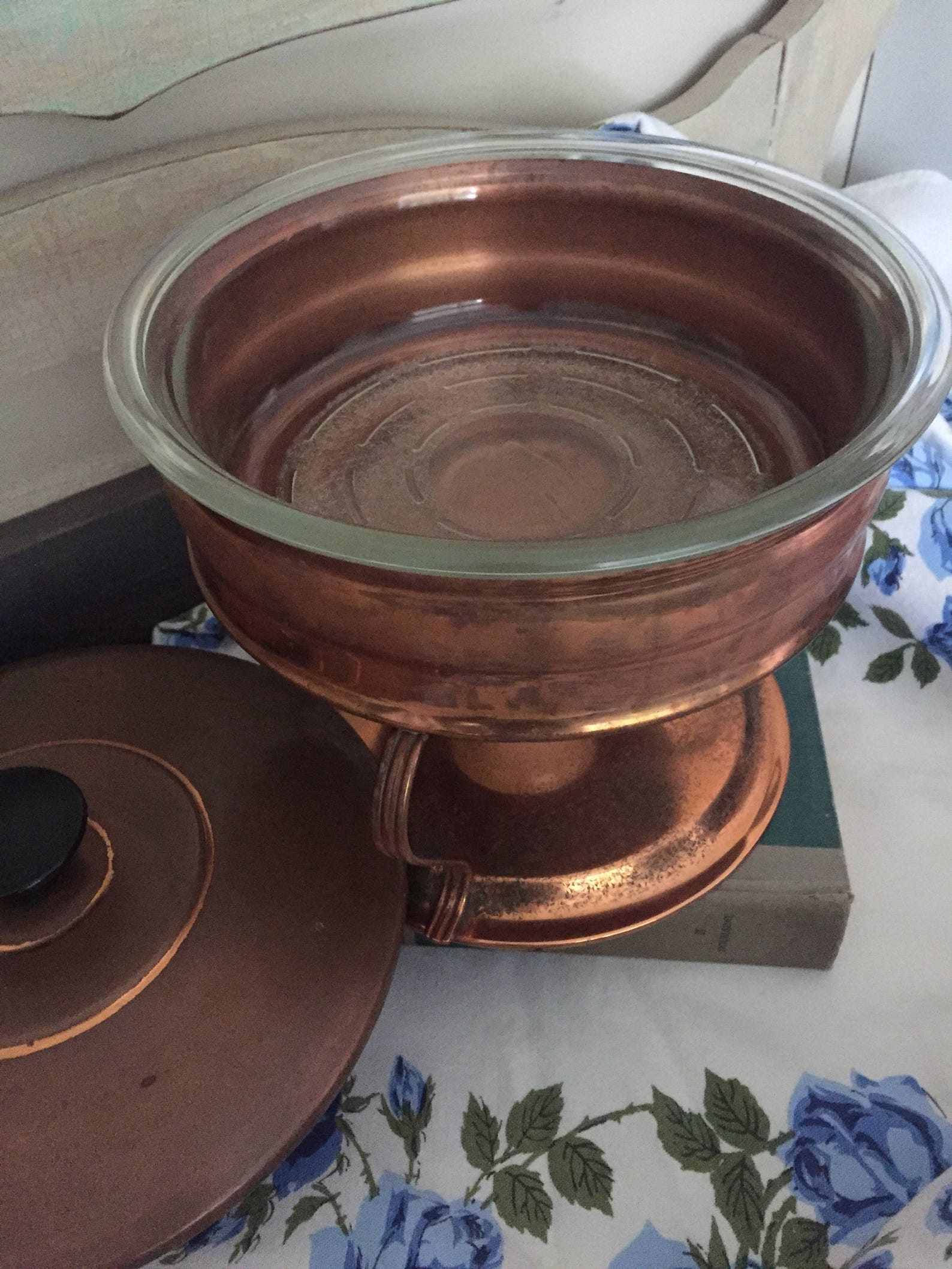 Vintage copper fondue set with fire king glass candle warmer Etsy
