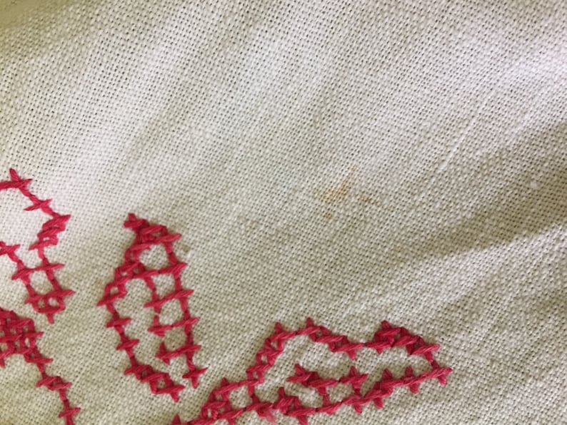Vintage Linen Redwork German Cross Stitch Handmade Red Trimmed Linen