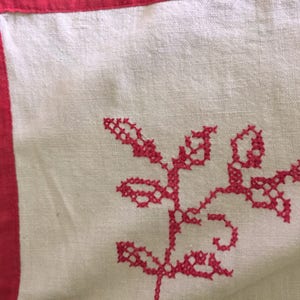 Vintage linen Redwork German Cross Stitch Handmade red trimmed Linen small Tablecloth image 9