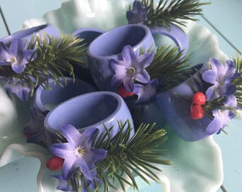 Retro mauve plastic napkin rings vintage Christmas holiday sprigs for kitchen dining decor