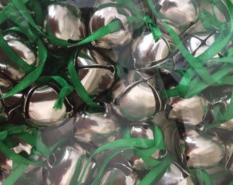 Lot of 50+ Silver 3/4 " jingle bells with ribbon for crafting projects and embellishing