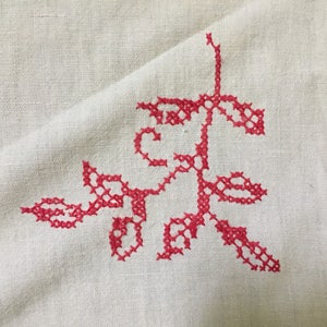 Vintage linen Redwork German Cross Stitch Handmade red trimmed Linen small Tablecloth image 7