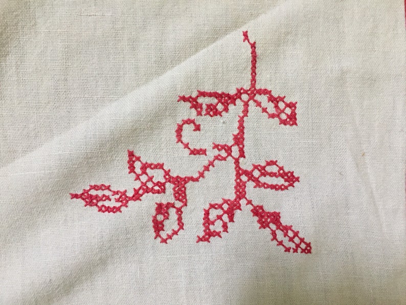 Vintage linen Redwork German Cross Stitch Handmade red trimmed Linen small Tablecloth image 7