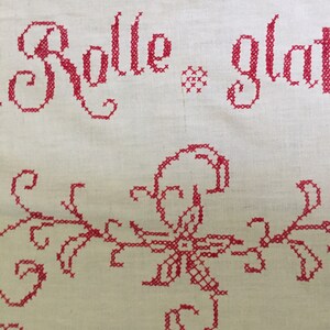 Vintage linen Redwork German Cross Stitch Handmade red trimmed Linen small Tablecloth image 10