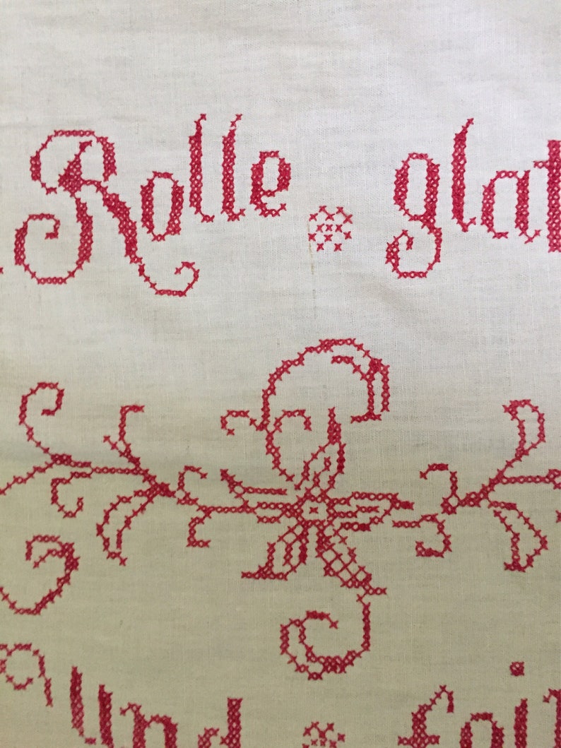 Vintage linen Redwork German Cross Stitch Handmade red trimmed Linen small Tablecloth image 10