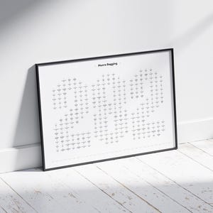 May include: A black and white poster with the title "Munro Bagging" and a grid of small squares, each containing a name and a number. The poster is framed in a black frame.