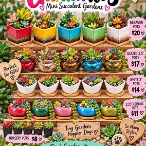 Op de afbeelding: Een display van Casa Nova Succulents Garden-itos met diverse mini-vetplantentuinen in kleurrijke potten. De afbeelding bevat tekst zoals Mini Gardens Big Joy, Unique Pots Unique Plants en prijzen voor zeshoekige, geglazuurde 8,9 cm, witte 7,6 cm, 5,7 cm keramische potten en kweekpotten.