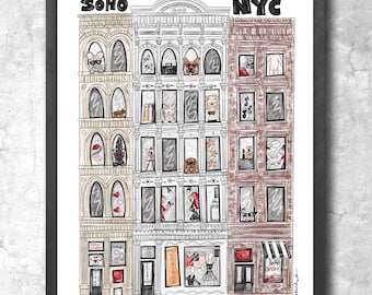 SoHo New York City Art Print | Whimsical Illustration with Gold Glitter 8x10
