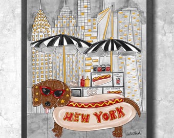 Hotdog New York City Art Print | Whimsical Illustration with Gold Glitter 8x10