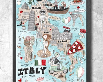Italy Map Art Print | Whimsical Illustration with Silver Glitter 8x10