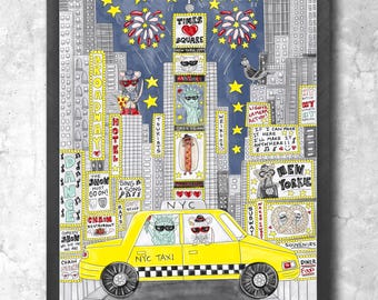 Times Square New York City Map Art Print | Whimsical Illustration with Gold Glitter 8x10